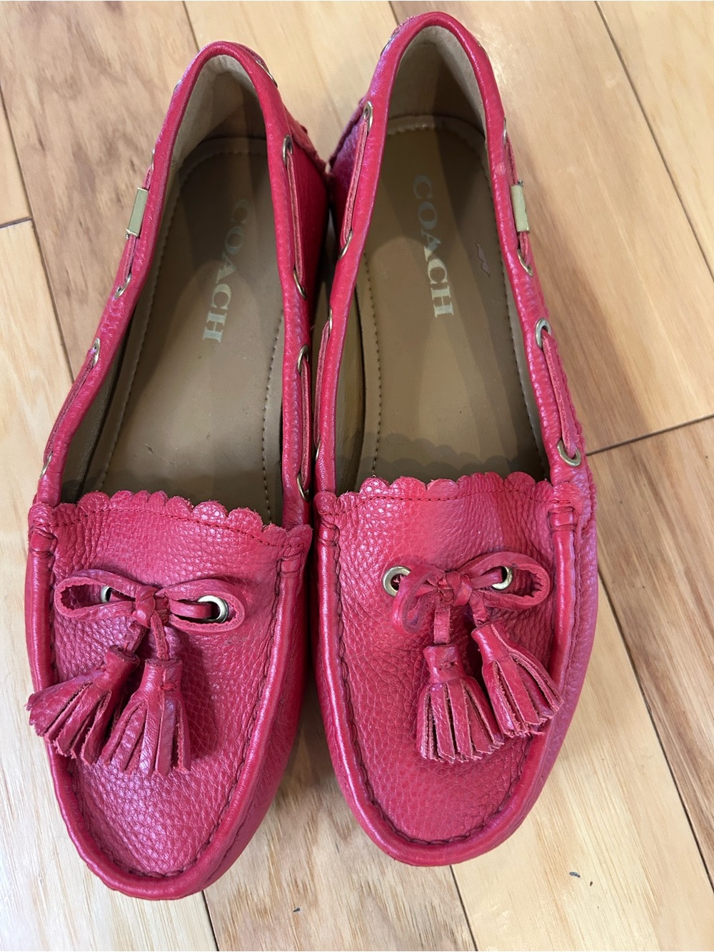 Coach Red Leather Tassel Driving Loafers - Picture 5 of 14